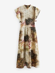 Neutral Tie Dye Flutter Sleeve High Neck Midi Dress - Image 5 of 6
