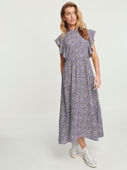 Navy Ditsy Print Flutter Sleeve High Neck Midi Dress - Image 1 of 5