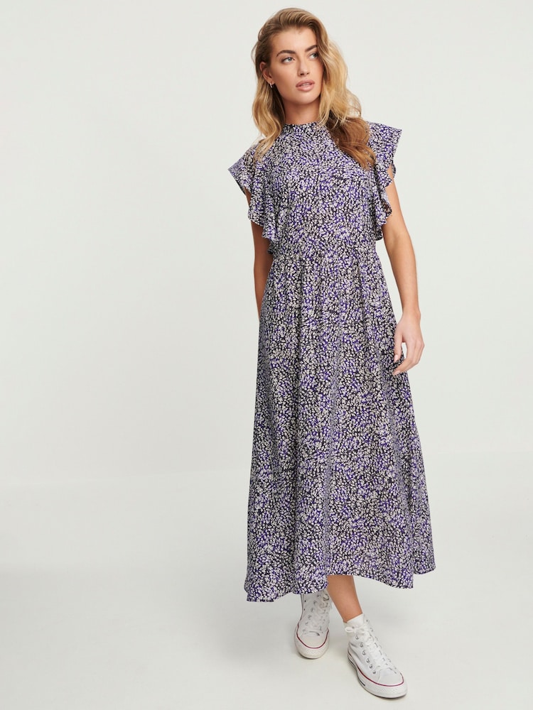 Navy Ditsy Print Flutter Sleeve High Neck Midi Dress - Image 1 of 5