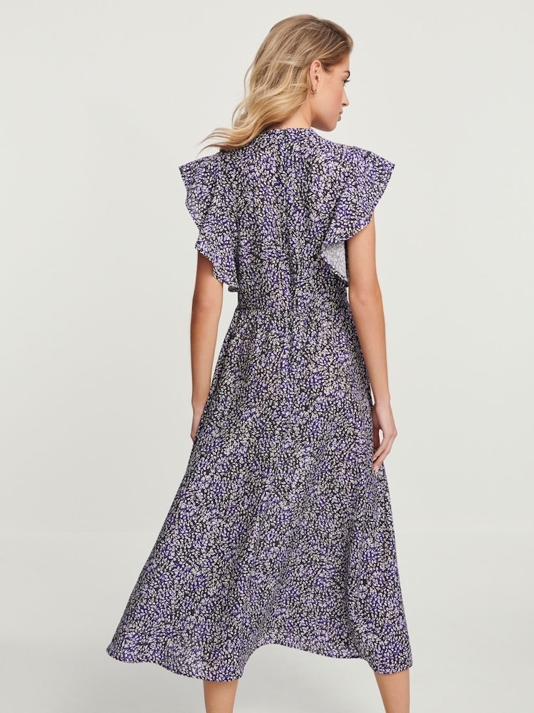 Navy Ditsy Print Flutter Sleeve High Neck Midi Dress - Image 2 of 5