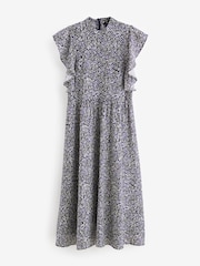 Navy Ditsy Print Flutter Sleeve High Neck Midi Dress - Image 4 of 5