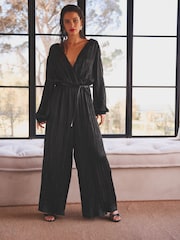 Black Plisse Plunge V-Neck Jumpsuit With Tie Belt - Image 1 of 6