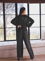 Black Plisse Plunge V-Neck Jumpsuit With Tie Belt - Image 2 of 6
