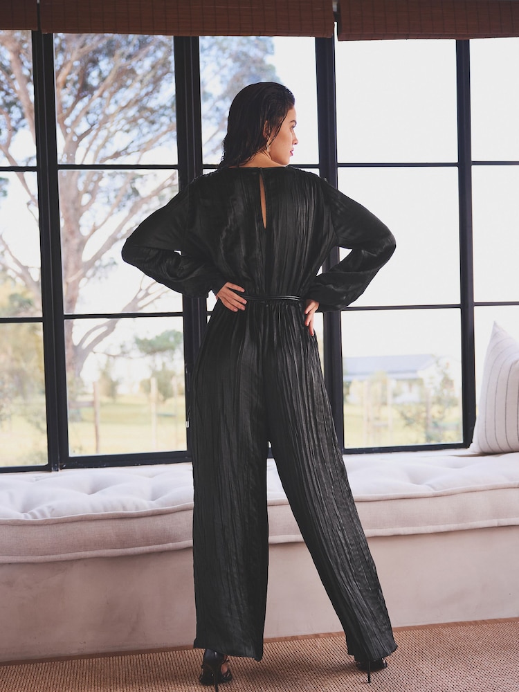 Black Plisse Plunge V-Neck Jumpsuit With Tie Belt - Image 2 of 6