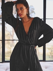 Black Plisse Plunge V-Neck Jumpsuit With Tie Belt - Image 3 of 6