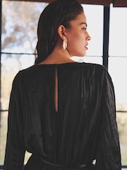 Black Plisse Plunge V-Neck Jumpsuit With Tie Belt - Image 4 of 6