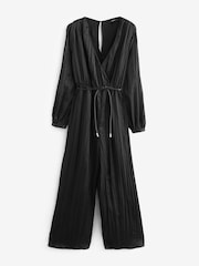 Black Plisse Plunge V-Neck Jumpsuit With Tie Belt - Image 5 of 6