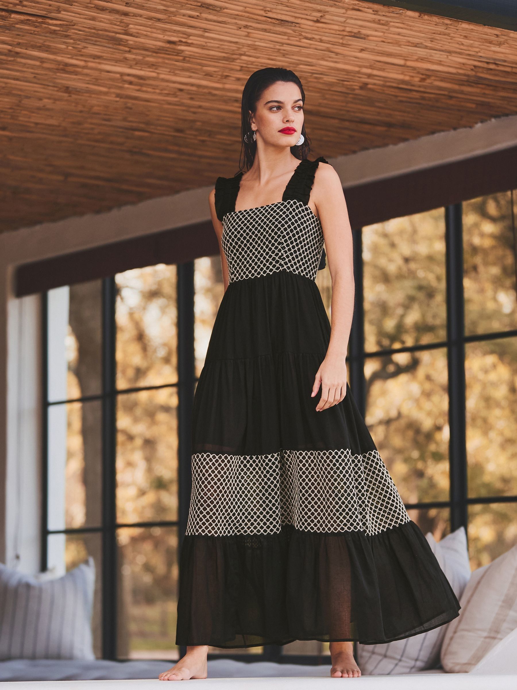 Buy Black Crochet Detail Tiered Maxi Dress from Next Luxembourg