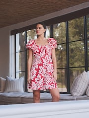 Red/White Printed Mini Puff Sleeve Ruched Front Dress - Image 1 of 6