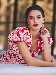 Red/White Printed Mini Puff Sleeve Ruched Front Dress - Image 2 of 6