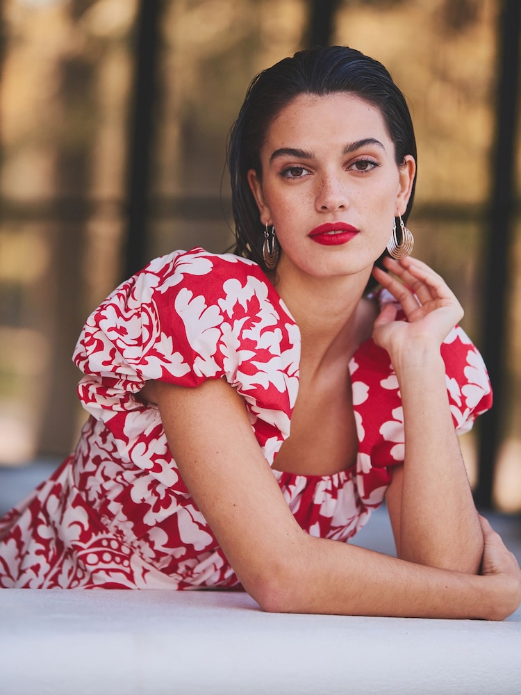 Red/White Printed Mini Puff Sleeve Ruched Front Dress - Image 2 of 6