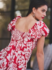 Red/White Printed Mini Puff Sleeve Ruched Front Dress - Image 4 of 6