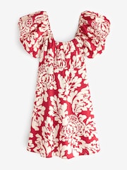 Red/White Printed Mini Puff Sleeve Ruched Front Dress - Image 5 of 6