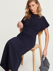 Navy Blue Twist Waist Short Sleeve Midi Dress - Image 1 of 6