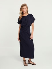 Navy Blue Twist Waist Short Sleeve Midi Dress - Image 2 of 6