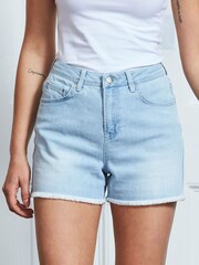 Sosandar Blue Denim Raw Edge Shorts - Image 3 of 5