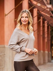 Sosandar Brown V-Neck Pleat Sleeve Jumper - Image 1 of 5