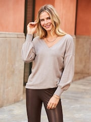Sosandar Brown V-Neck Pleat Sleeve Jumper - Image 4 of 5
