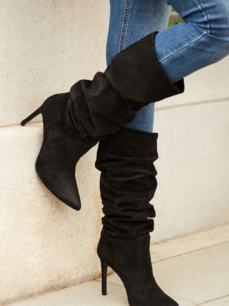 Sosandar Black Suede Heeled Slouch High Leg Boots - Image 1 of 3