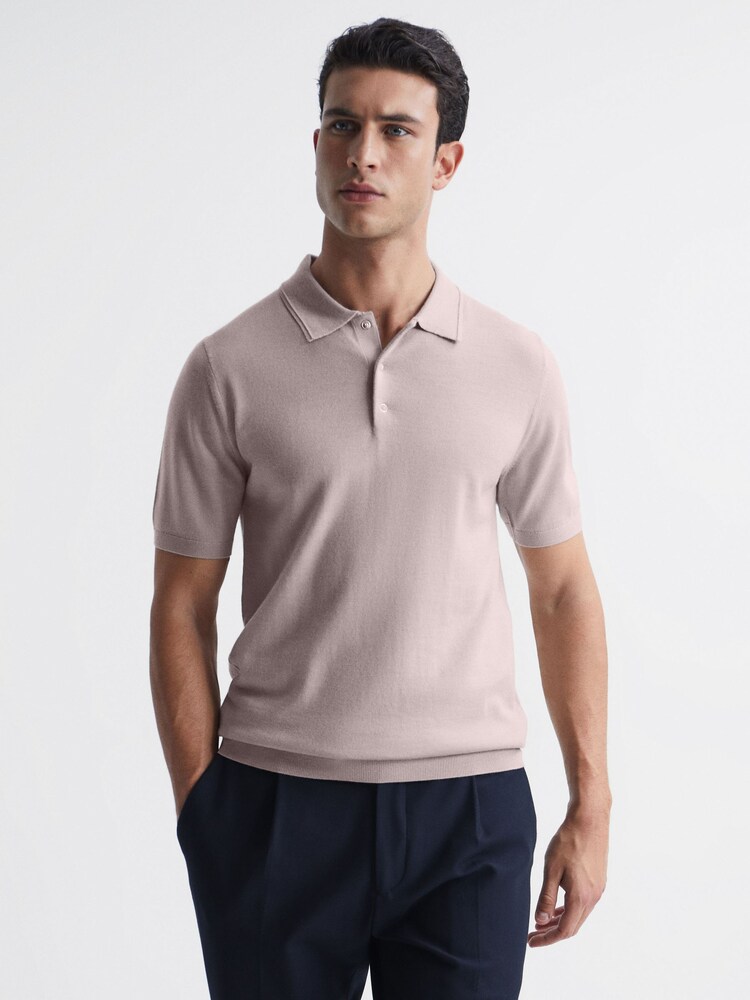 Reiss Stone Blair Merino Press Stud Polo T-Shirt - Image 1 of 6 Reiss Stone Blair Merino Press Stud Polo T-Shirt - Image 1 of 6
