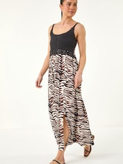 Roman Black Petite Animal Print Crochet Midi Dress - Image 2 of 5