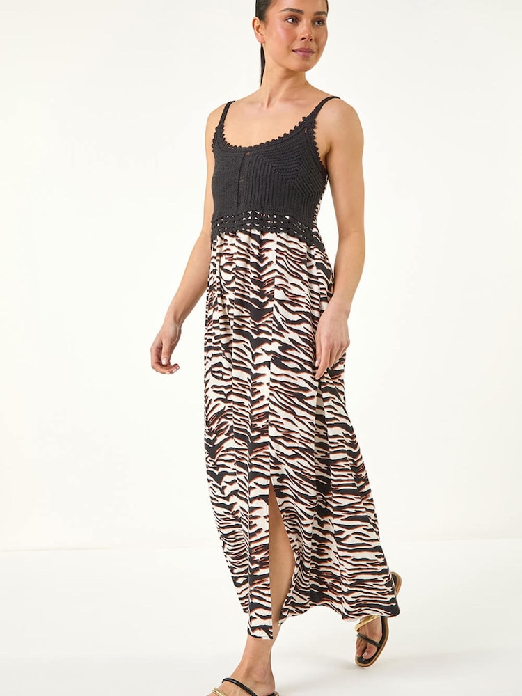 Roman Black Petite Animal Print Crochet Midi Dress - Image 2 of 5