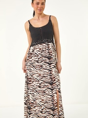 Roman Black Petite Animal Print Crochet Midi Dress - Image 4 of 5