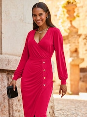 Sosandar Red Wrap Balloon Sleeve Dress - Image 3 of 5