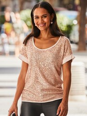 Sosandar Gold Chrome Sequin Front Relaxed T-Shirt - Image 1 of 5