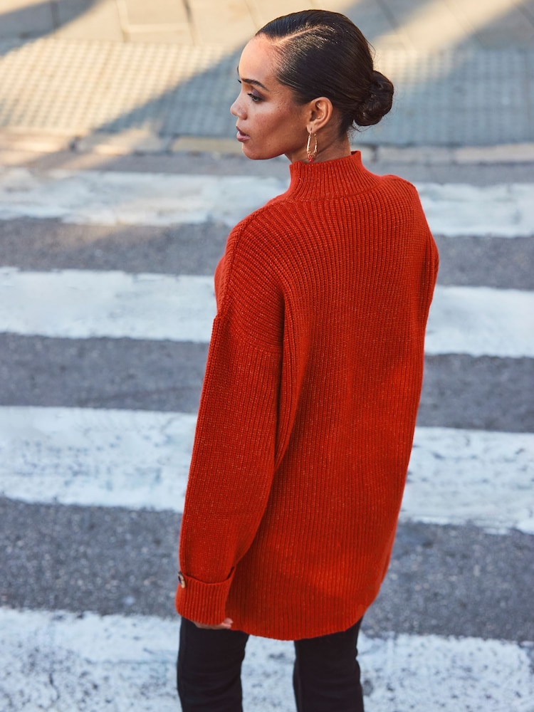 Sosandar Red High Neck Folded Button Cuff Jumper - Image 10 of 10