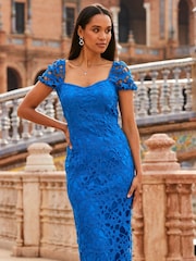 Sosandar Blue Guipure Lace Puff Sleeve Pencil Dress - Image 1 of 4