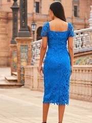 Sosandar Blue Guipure Lace Puff Sleeve Pencil Dress - Image 2 of 4
