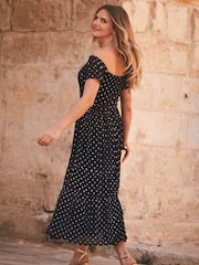 Sosandar Blue Spot Bardot Midi Dress - Image 2 of 5