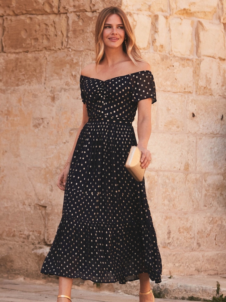 Buy Sosandar Blue Spot Bardot Midi Dress from Next Oman