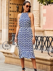 Sosandar Blue Spot Print Stretch Waist Halter Neck Jersey Dress - Image 3 of 5