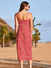 Sosandar Red Floral Ruched Bust Strappy Midi Dress - Image 2 of 5