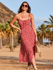 Sosandar Red Floral Ruched Bust Strappy Midi Dress - Image 3 of 5