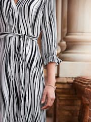 Sosandar White Abstract Frill Cuff Belted Shirt Dress - Image 5 of 5