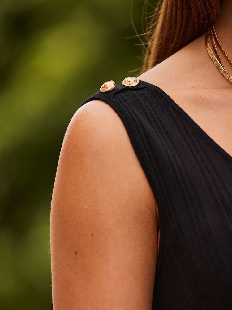 Sosandar Black Ribbed Button Shoulder Detail Knit Dress - Image 5 of 5 Sosandar Black Ribbed Button Shoulder Detail Knit Dress - Image 5 of 5