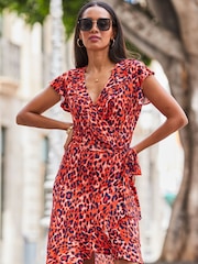 Sosandar Red Animal Print Short Sleeve Ruffle Detail Wrap Dress - Image 3 of 5
