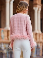 Sosandar Pink Boucle Feather Trim Jacket - Image 2 of 5
