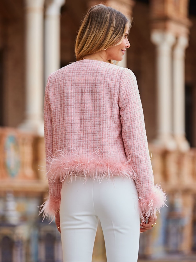 Sosandar Pink Boucle Feather Trim Jacket - Image 2 of 5