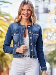 Sosandar Blue Pocket Front Denim Jacket With Gold Button Detail - Image 4 of 5