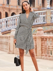 Sosandar Black Geo Shawl Collar Mini Wrap Shirt Dress - Image 1 of 5