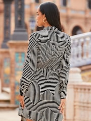 Sosandar Black Geo Shawl Collar Mini Wrap Shirt Dress - Image 2 of 5