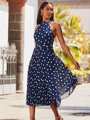 Sosandar Blue Halter Neck Pleated Skirt Dress - Image 3 of 5
