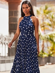 Sosandar Blue Halter Neck Pleated Skirt Dress - Image 4 of 5