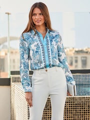 Sosandar Blue Conversational Satin Scarf Print Shirt - Image 1 of 5