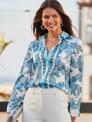Sosandar Blue Conversational Satin Scarf Print Shirt - Image 4 of 5