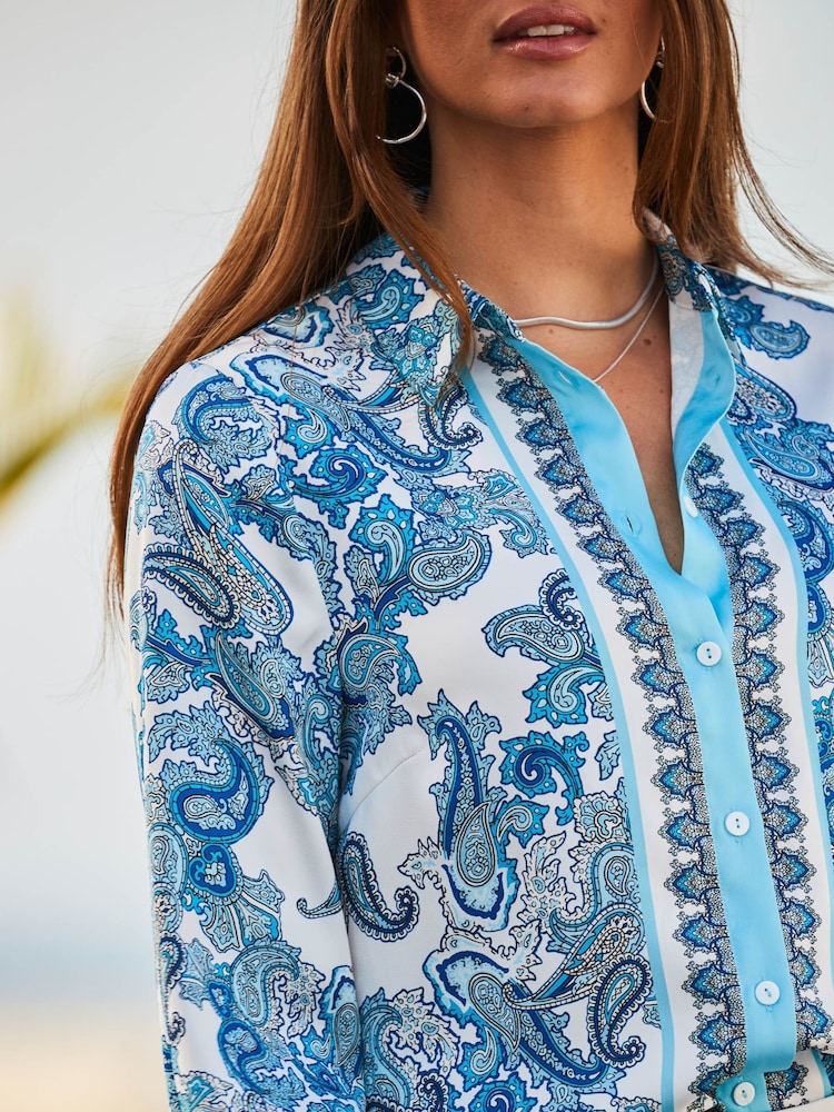 Sosandar Blue Conversational Satin Scarf Print Shirt - Image 5 of 5